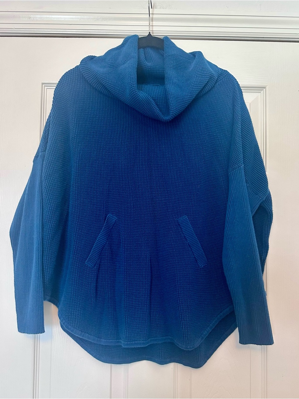 Planet By Lauren G - Blue Waffle-Knit Cowl Neck Pullover OSFM